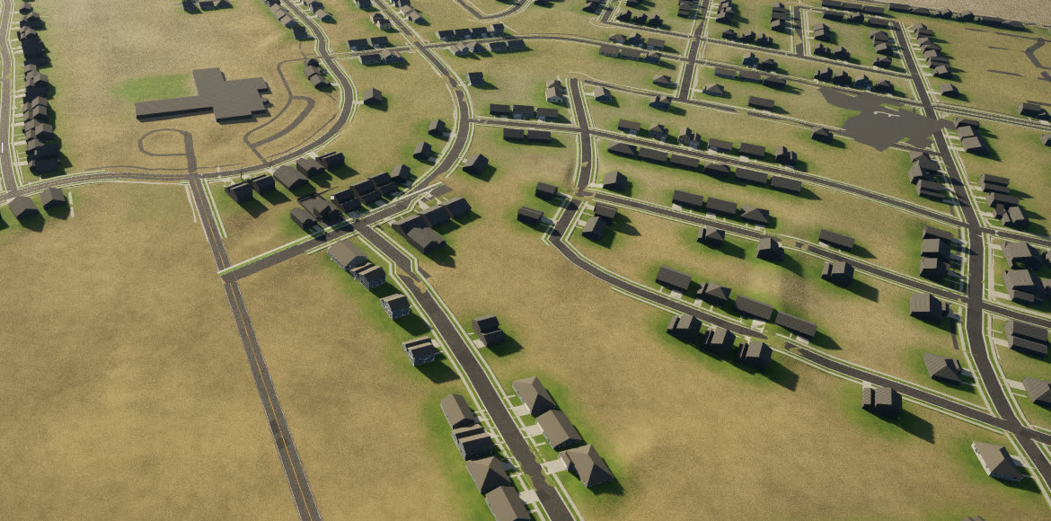 Aerial view of a neighbourhood in Emergence Online